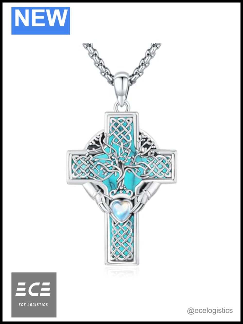 Sterling Silver Celtic Cross Necklace Moonstone Turquoise Pendant 22 Inch